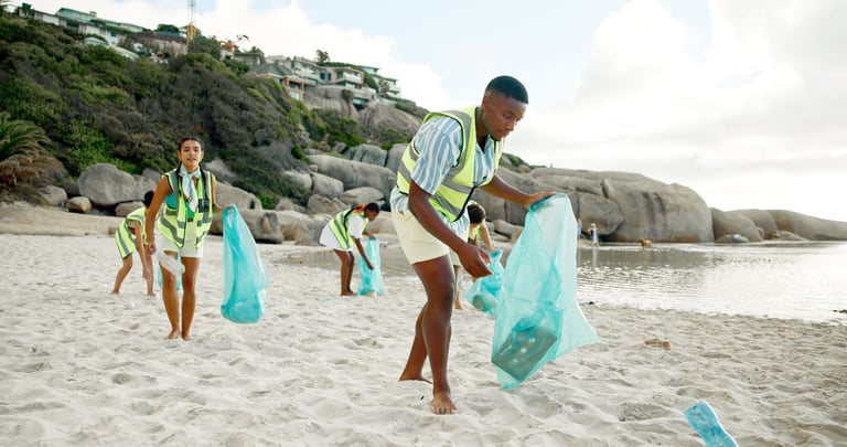 Cleaning, plastic bag and recycling with people on beach for conservation