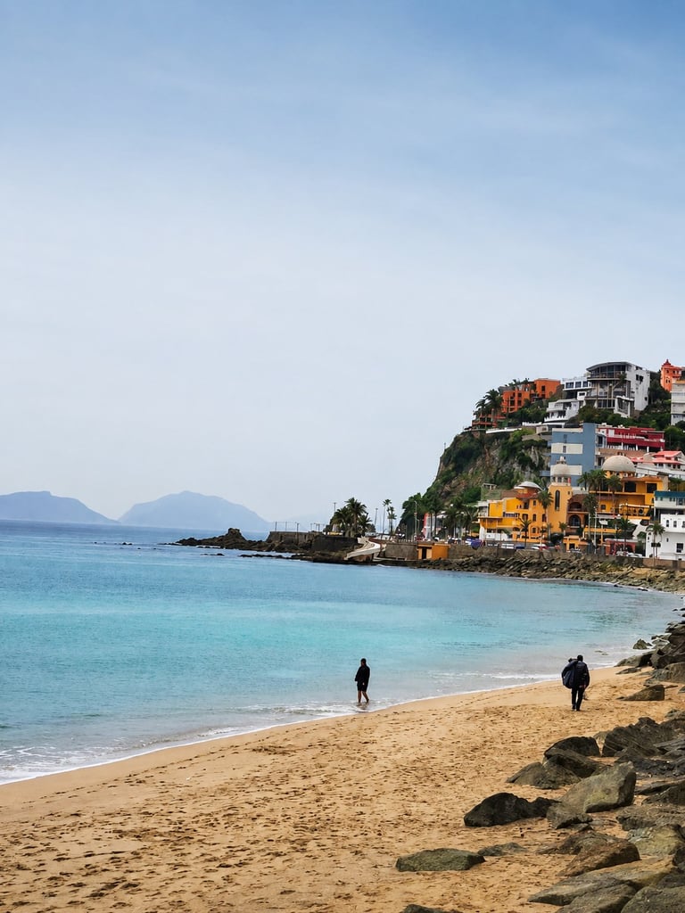 Colorful seaside village on a cliff overlooking a turquoise beach with two people standing in the shallow water