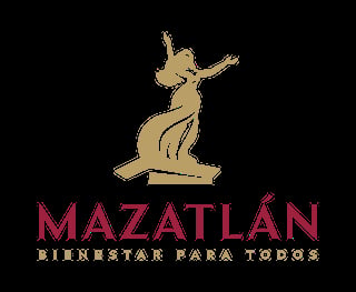 Mazatlan logo featuring a golden woman figure with raised arms on a black background, with Spanish text below